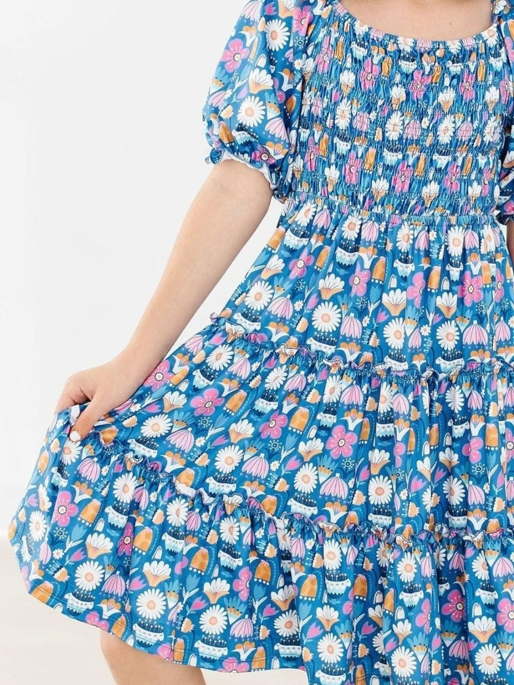 Girls Boutique Blue Floral Smocked Tiered Dress